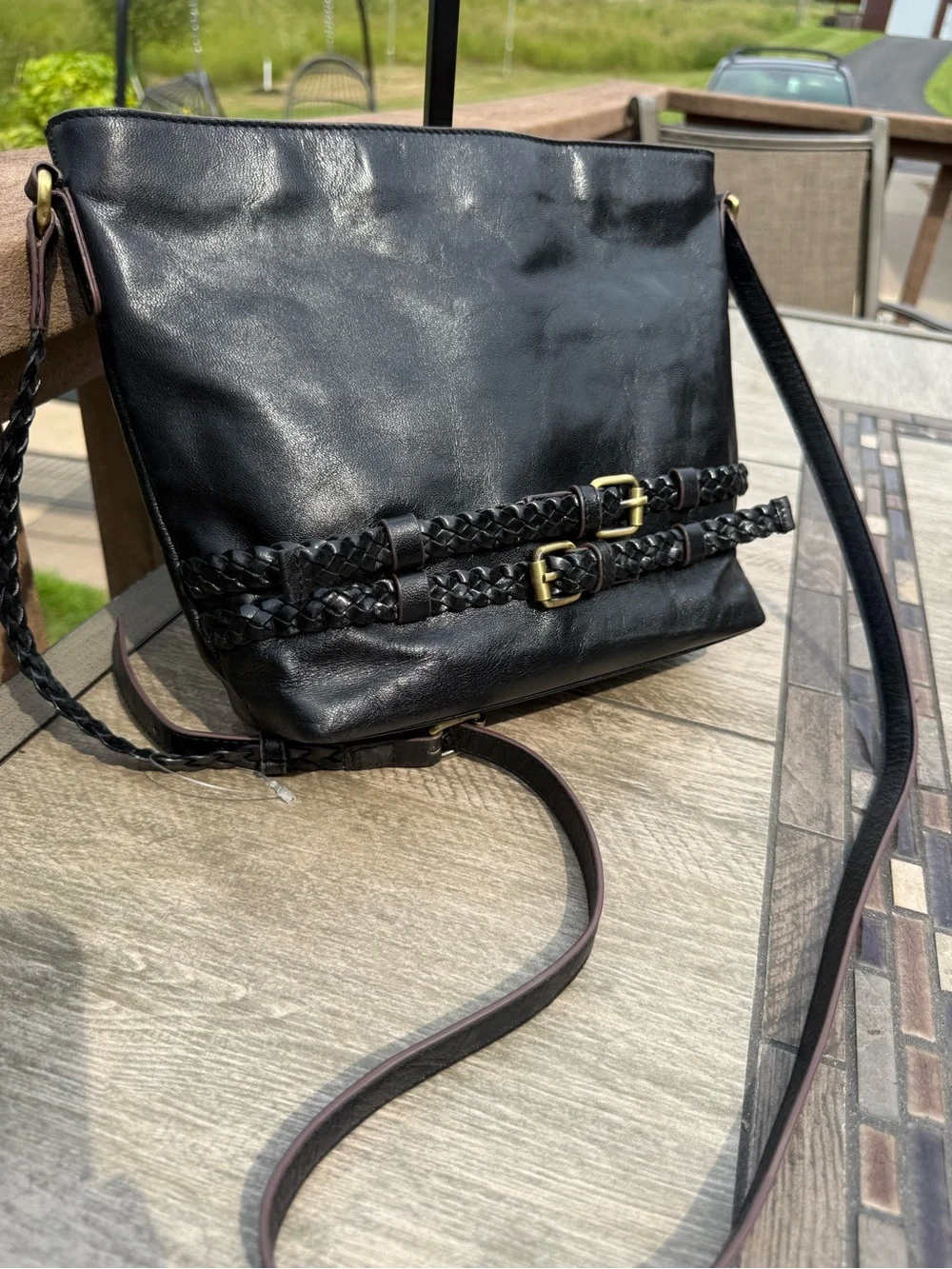 EUC Vintage Lodis Black polished leather equestrian-inspired strap detailing Bag